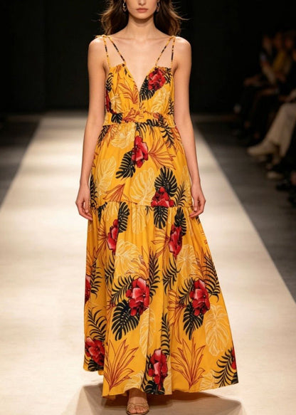 Beautiful Yellow V Neck Print Maxi Spaghetti Strap Sundress Sleeveless