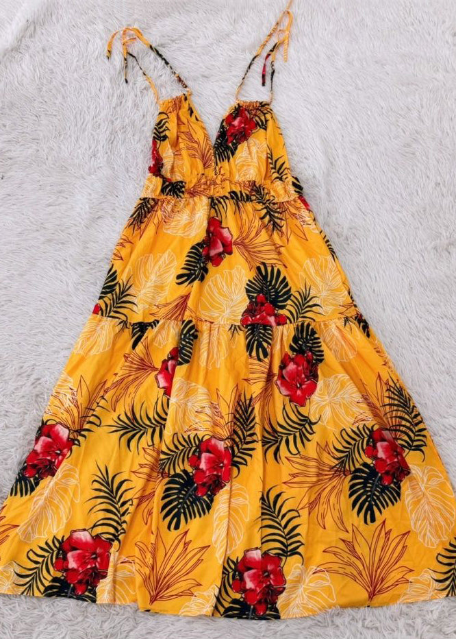 Beautiful Yellow V Neck Print Maxi Spaghetti Strap Sundress Sleeveless