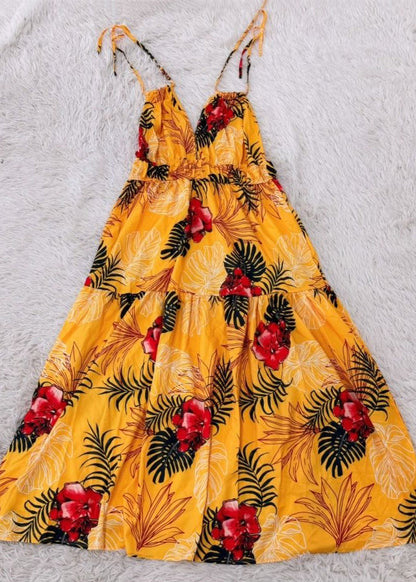 Beautiful Yellow V Neck Print Maxi Spaghetti Strap Sundress Sleeveless