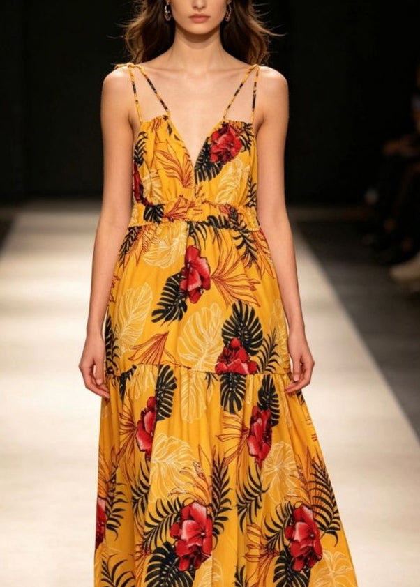 Beautiful Yellow V Neck Print Maxi Spaghetti Strap Sundress Sleeveless