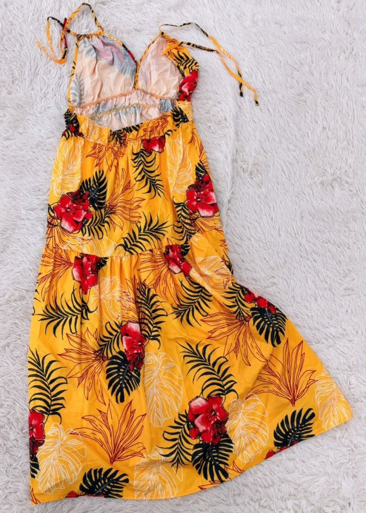 Beautiful Yellow V Neck Print Maxi Spaghetti Strap Sundress Sleeveless