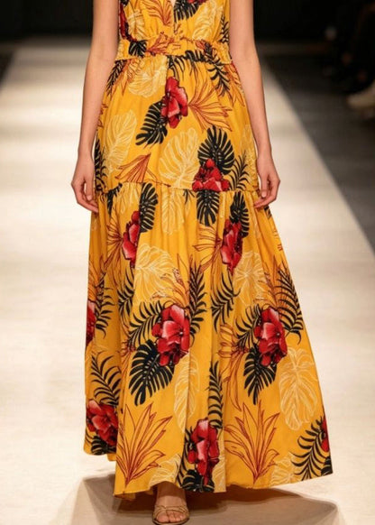 Beautiful Yellow V Neck Print Maxi Spaghetti Strap Sundress Sleeveless