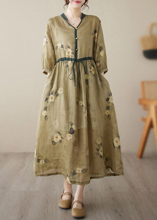 Beautiful Yellow V Neck Print Wrinkled Tie Waist Linen Long Dresses Summer