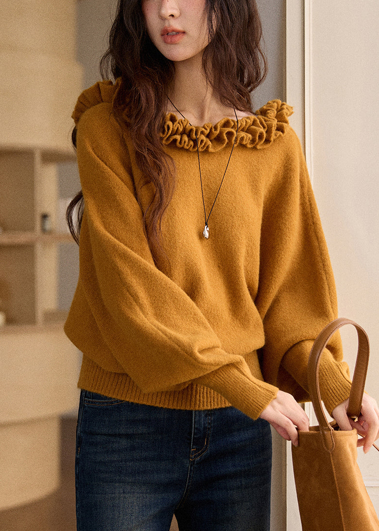 Beautiful Yellowish Brown Ruffled Solid Knit Sweaters Winter