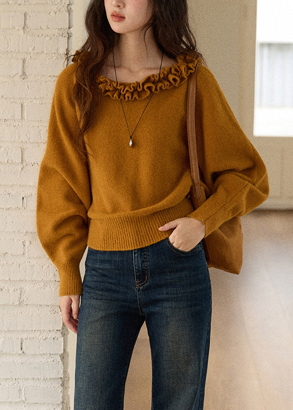 Beautiful Yellowish Brown Ruffled Solid Knit Sweaters Winter