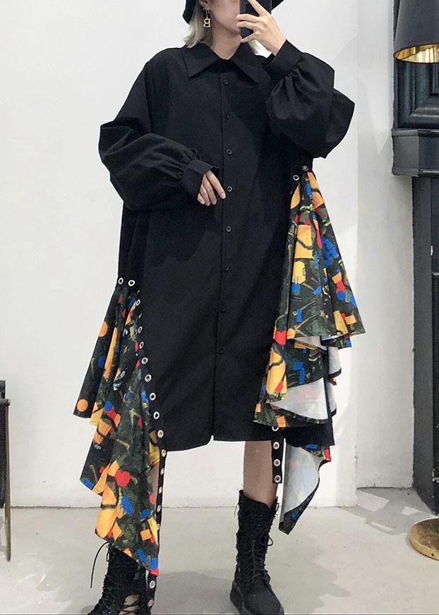 Beautiful black Cotton dress side patchwork Plus Size fall shirt Dress - SooLinen