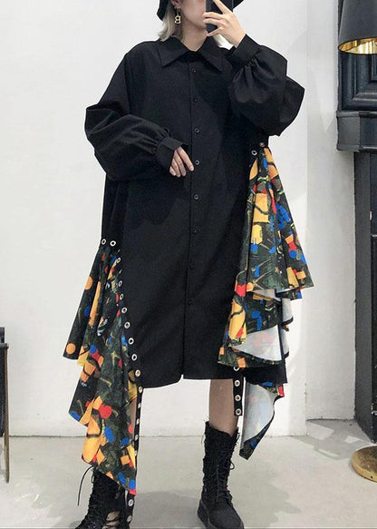 Beautiful black Cotton dress side patchwork Plus Size fall shirt Dress - SooLinen