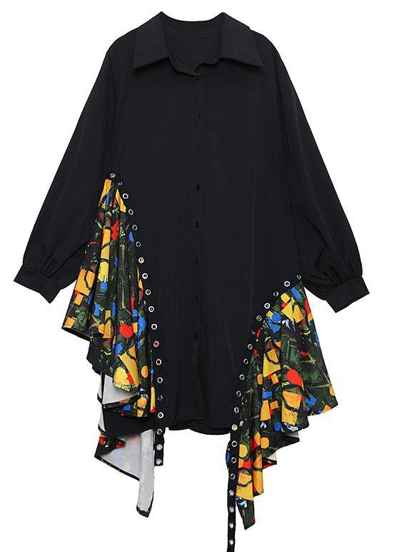 Beautiful black Cotton dress side patchwork Plus Size fall shirt Dress - SooLinen