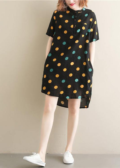 Beautiful black dotted Cotton Tunics stand collar pockets Plus Size summer Dress - SooLinen