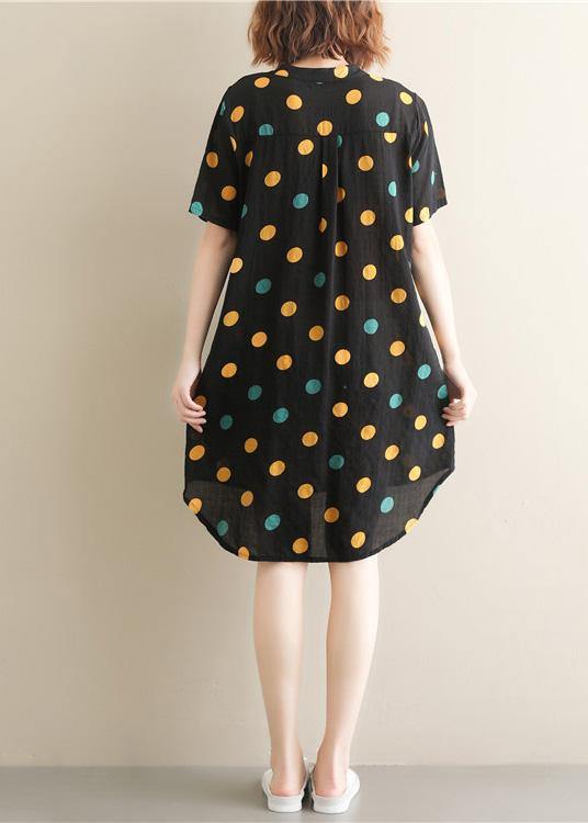 Beautiful black dotted Cotton Tunics stand collar pockets Plus Size summer Dress - SooLinen