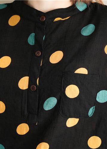 Beautiful black dotted Cotton Tunics stand collar pockets Plus Size summer Dress - SooLinen