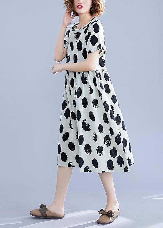 Beautiful black dotted Cotton tunic pattern o neck short sleeve shift Dresses - SooLinen