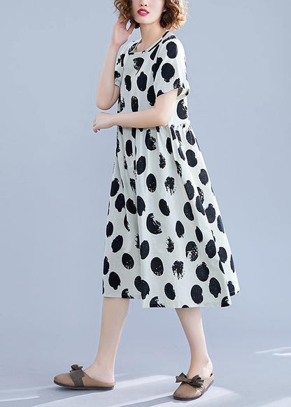 Beautiful black dotted Cotton tunic pattern o neck short sleeve shift Dresses - SooLinen