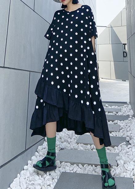 Beautiful black dotted cotton tunics for women o neck Ruffles Dress - SooLinen