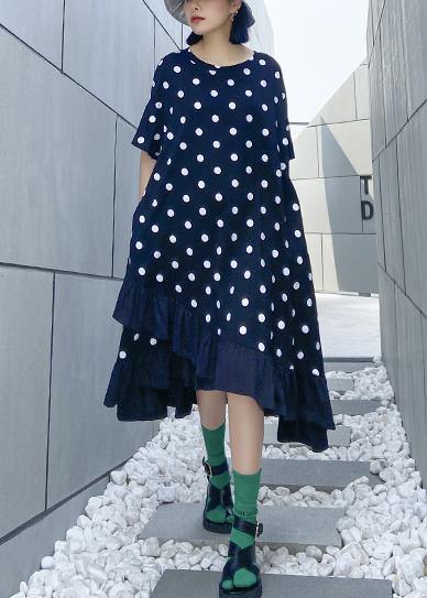 Beautiful black dotted cotton tunics for women o neck Ruffles Dress - SooLinen