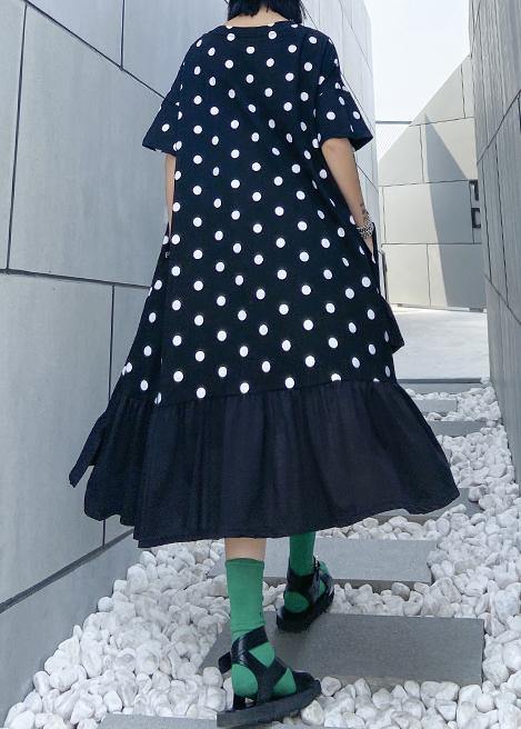 Beautiful black dotted cotton tunics for women o neck Ruffles Dress - SooLinen