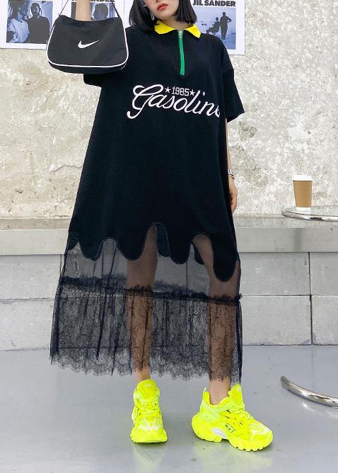 Beautiful black embroidery cotton clothes lapel patchwork tulle Traveling Dresses - SooLinen