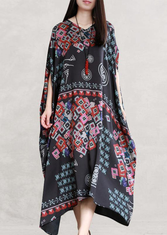 Beautiful black print clothes v neck Batwing Sleeve Traveling summer Dress - SooLinen