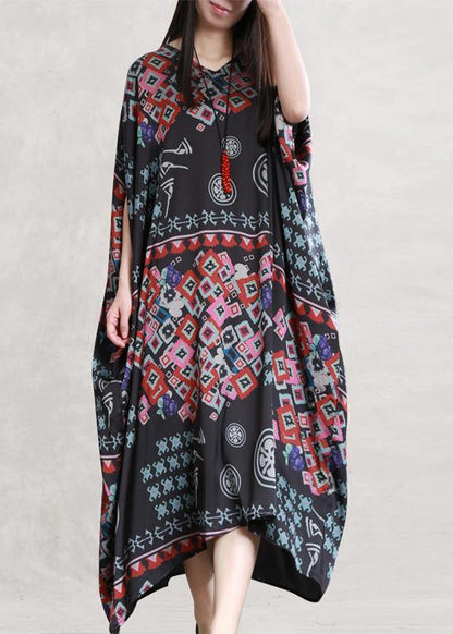 Beautiful black print clothes v neck Batwing Sleeve Traveling summer Dress - SooLinen