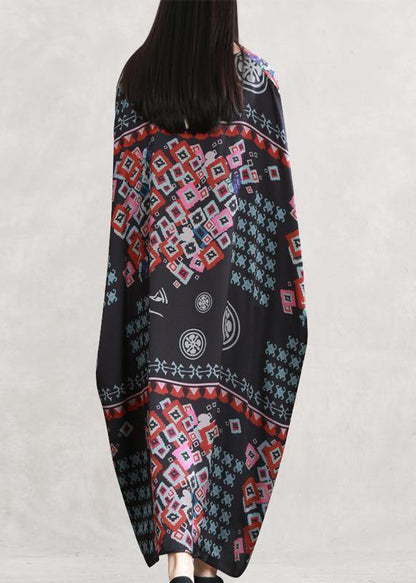 Beautiful black print clothes v neck Batwing Sleeve Traveling summer Dress - SooLinen