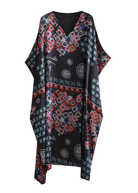 Beautiful black print clothes v neck Batwing Sleeve Traveling summer Dress - SooLinen