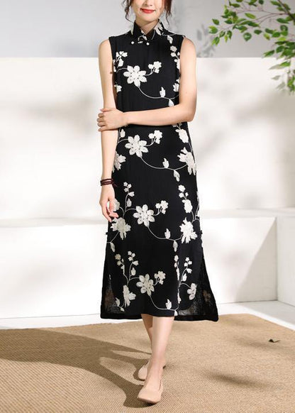 Beautiful black print cotton clothes stand collar side open cotton robes Dresses - SooLinen