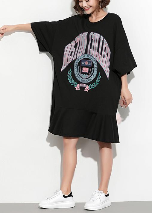 Beautiful black print linen Tunics Vintage Shape o neck short spring Dress