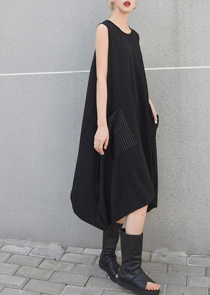 Beautiful black striped pockets cotton clothes sleeveless Maxi summer Dresses - SooLinen