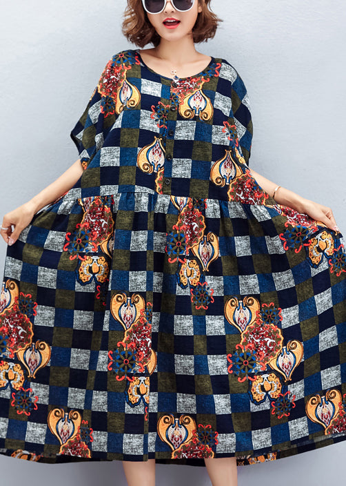 Beautiful blue Plaid cotton dresses Vintage Fabrics o neck large hem cotton summer Dress