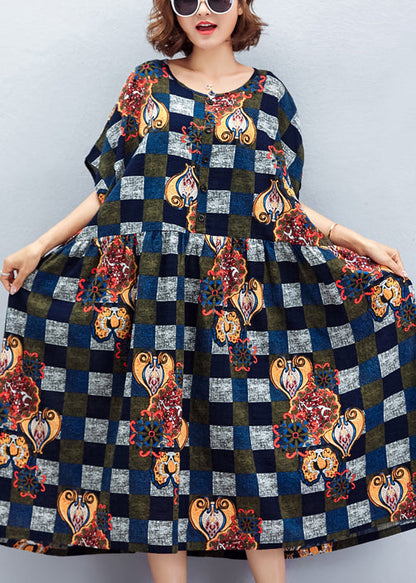 Beautiful blue Plaid cotton dresses Vintage Fabrics o neck large hem cotton summer Dress