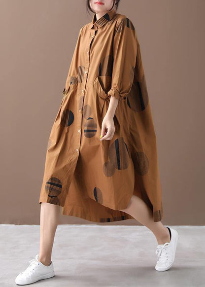 Beautiful chocolate dotted dresses lapel low high design Dresses spring Dress - SooLinen