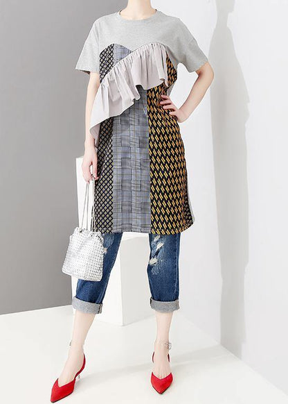 Beautiful cotton Tunics Drops Design Spliced Short Sleeve Round Neck Women Dress - SooLinen