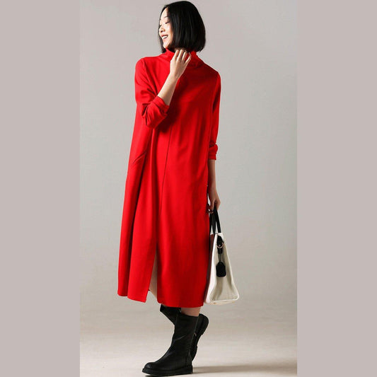 Beautiful cotton dress 2025 high neck Inspiration red long Dress front open