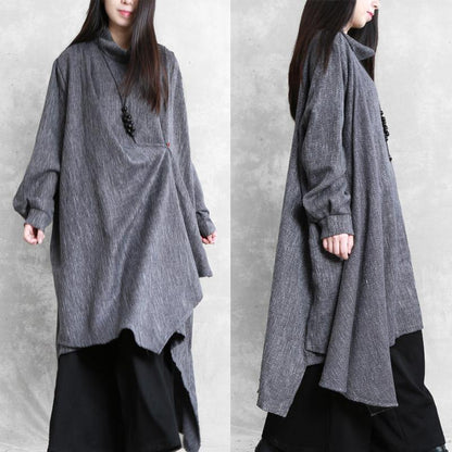 Beautiful gray Plaid linen clothes high neck asymmetric Traveling Dresses - SooLinen