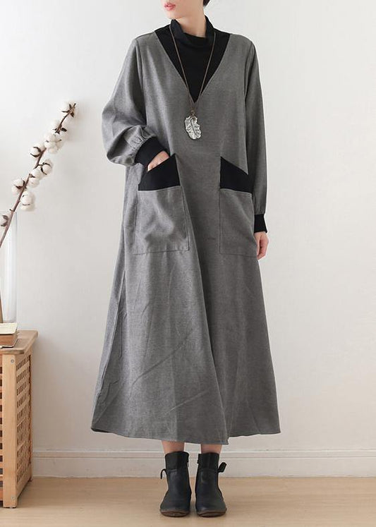 Beautiful gray cotton quilting clothes high neck patchwork Dresses fall Dresses - SooLinen