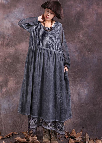 Beautiful gray long sleeve linen cotton clothes For Women Cinched long summer Dresses - SooLinen