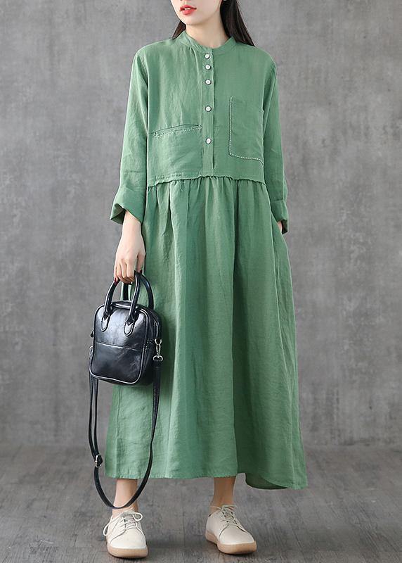Beautiful green linen clothes For Women o neck patchwork Maxi spring Dresses - SooLinen