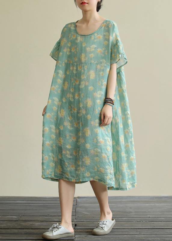 Beautiful green print linen clothes o neck loose summer Dresses - SooLinen