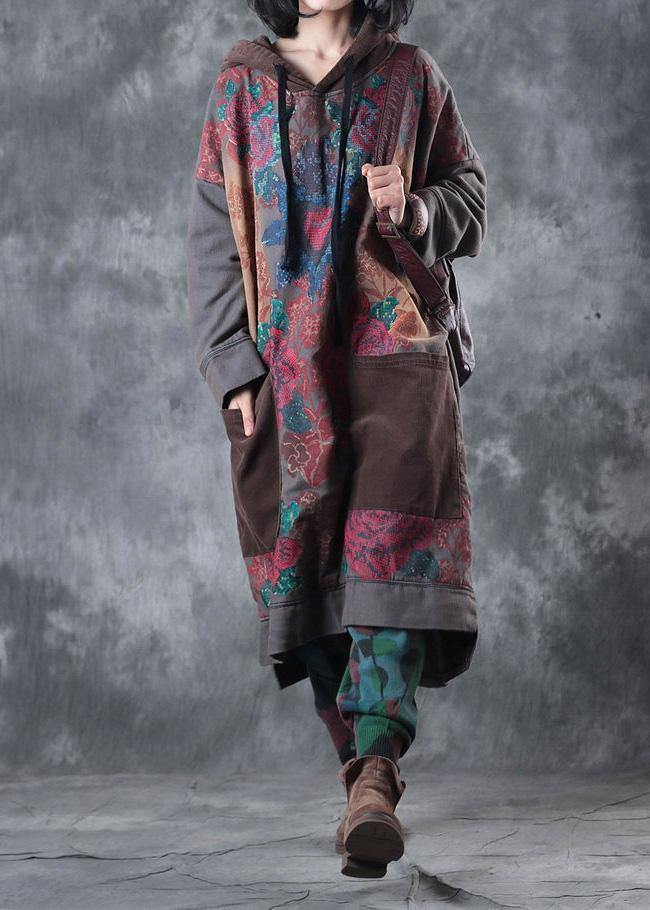 Beautiful hooded drawstring cotton Wardrobes design gray print Maxi Dresses fall - SooLinen