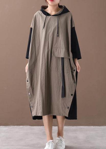 Beautiful khaki Long dress hooded patchwork long spring Dresses - SooLinen
