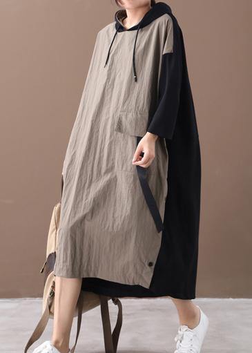 Beautiful khaki Long dress hooded patchwork long spring Dresses - SooLinen
