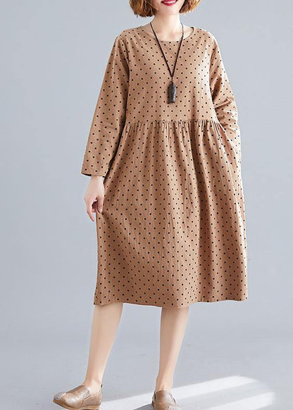 Beautiful khaki dotted Cotton quilting dresses o neck Cinched oversized spring Dress - SooLinen