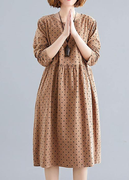 Beautiful khaki dotted Cotton quilting dresses o neck Cinched oversized spring Dress - SooLinen