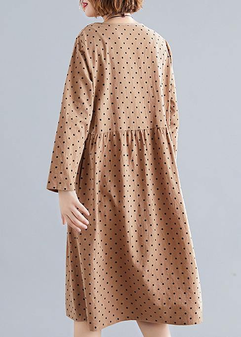 Beautiful khaki dotted Cotton quilting dresses o neck Cinched oversized spring Dress - SooLinen