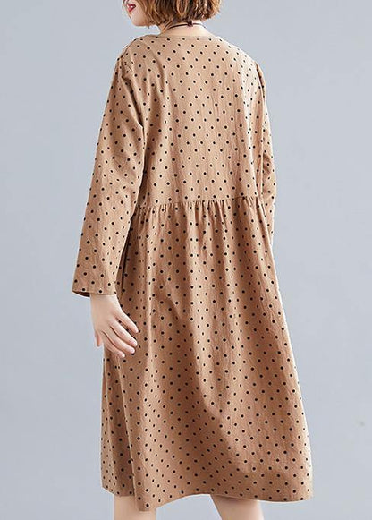 Beautiful khaki dotted Cotton quilting dresses o neck Cinched oversized spring Dress - SooLinen