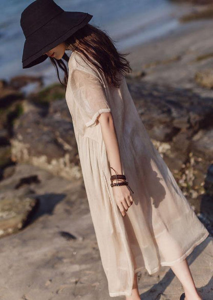 Beautiful khaki o neck cotton Tunics short sleeve long summer Dress - SooLinen