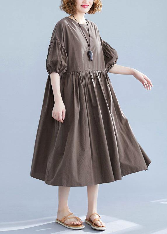 Beautiful lantern sleeve cotton quilting clothes Shape dark khaki o neck Plus Size Dress summer - SooLinen