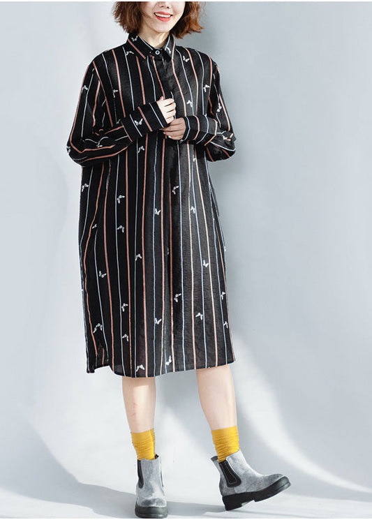 Beautiful lapel Button Down Cotton Tunics plus size black striped loose Dresses spring