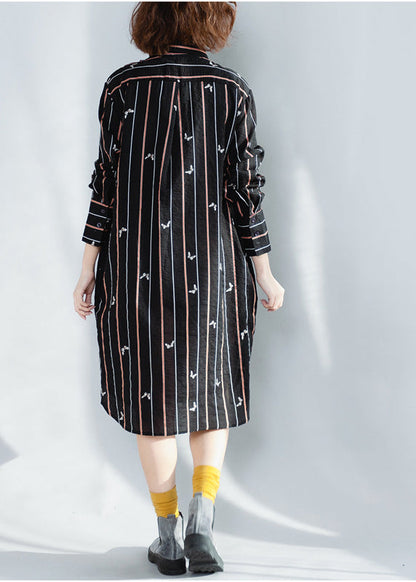 Beautiful lapel Button Down Cotton Tunics plus size black striped loose Dresses spring