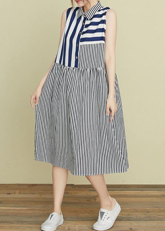 Beautiful lapel atchwork cotton dresses Outfits striped Robe Dress - SooLinen